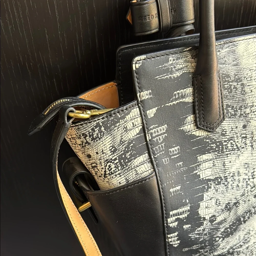 NEW W/ TAGS Reed Krakoff Mini Atlantique Leather Satchel Bag, Black White Lizard